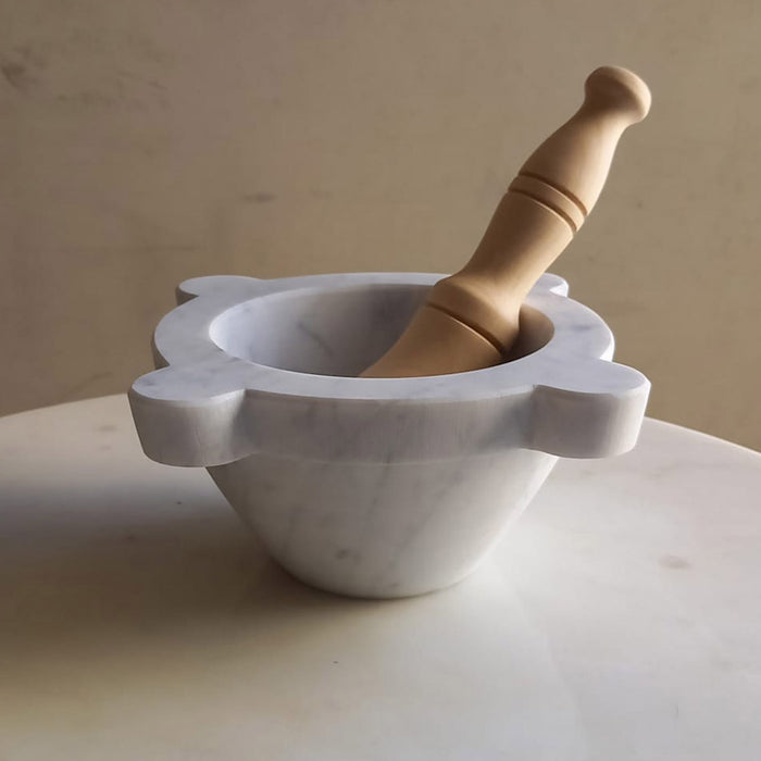 Carrara Marble Mortar with Beech Tree Pestle - Ø 24cm